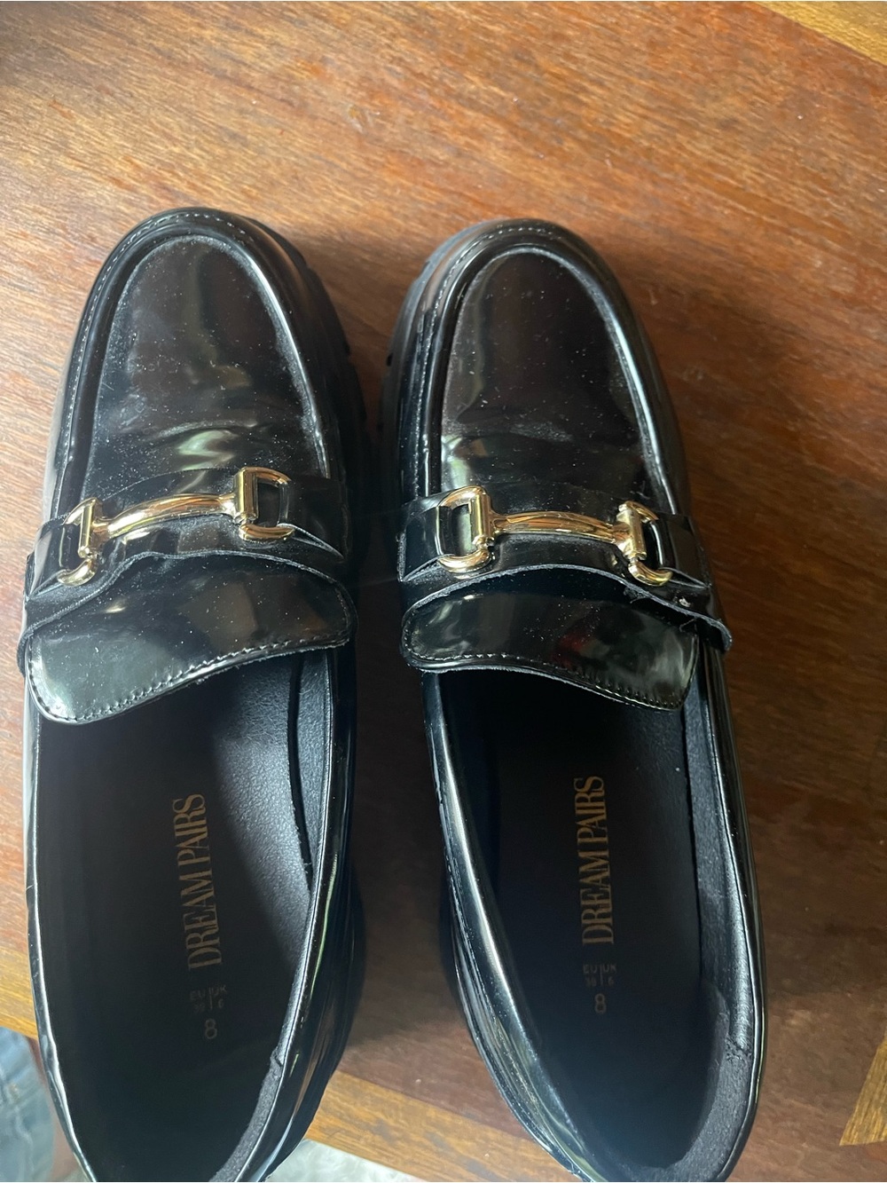 Dream Pairs Black Patent Slip-On Loafers with Gold Buckle Hardware, chunky heels